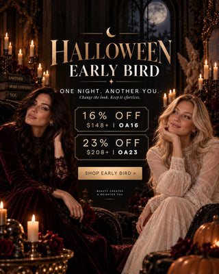 Full Shine early bird Halloween hair sale featuring human hair extensions and hair toppers with an accessible purchase threshold and seasonal savings.