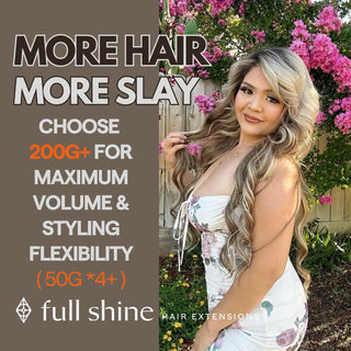 Full Shine genius weft ash brown highlights virgin hair extensions, smooth Brazilian human hair for seamless salon styling.