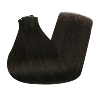 Full Shine dark brown virgin hair extensions in genius weft structure, luxury Brazilian virgin hair bundles for salon styling.