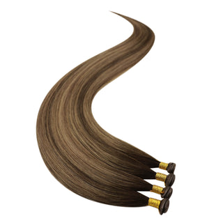 Full Shine Balayage Brown Blonde Genius Weft Hair Extensions, 100% Virgin Human Hair, Hybrid Weft Hair Extensions, Sew-In Weft Bundles, Soft Silky Straight Hair, Natural Brown Hair with Blonde Highlights,