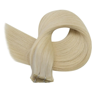Full Shine genius weft hair extensions made from Brazilian virgin hair, featuring a luxury blended light tone for salon styling.