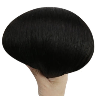 Full Shine genius weft natural black virgin hair extensions made with premium Brazilian virgin hair for salon use.