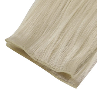 Full Shine genius weft platinum blonde virgin hair extensions, luxury Brazilian virgin hair for soft and natural salon finish.