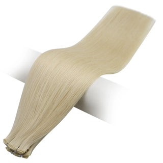 Full Shine virgin hair genius weft extensions with soft bright tones, designed for seamless salon-quality blending.