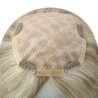 Full Shine blonde highlights real human hair topper features soft movement and premium Remy hair quality.