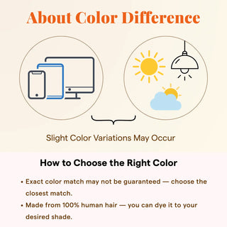 color difference notice, slight color variations, human hair extensions, 100 percent real hair, dyeable hair, natural hair extensions, hair product information, color matching guide, hair care tips, hair customization, real hair quality, hair styling options, hair replacement, hair volume, hair texture, hair maintenance