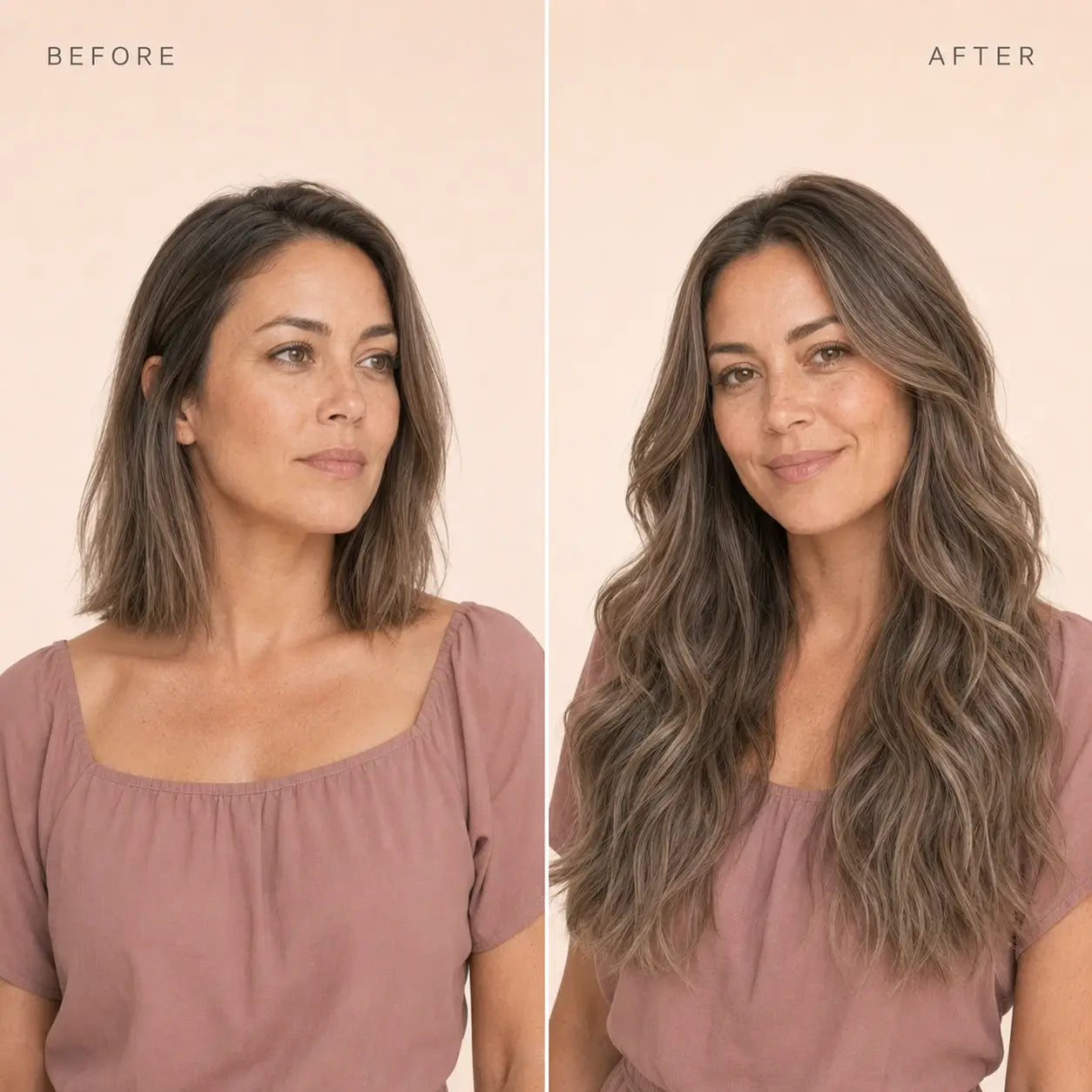 Full Shine hair extensions before and after transformation showing natural hair volume, fuller hair, seamless blend and beautiful hair extensions results