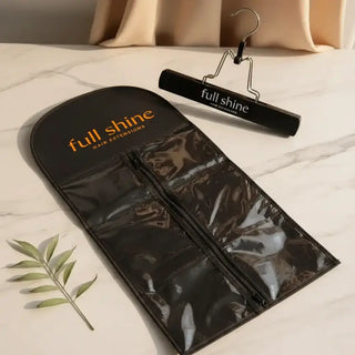 Keep your Full Shine Hair Extensions safe and protected with the dustbag and holder, designed to maintain their quality and prevent tangling when not in use.