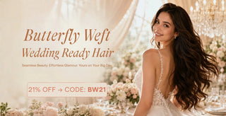 Fullshine Hair summer bride hair extensions with double-layer seamless glossy wavy hair, luxury butterfly weft for wedding looks.