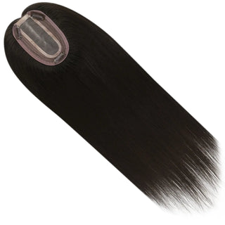 Full Shine black human hair topper adding natural fullness, smooth movement, and a beautiful blended hairstyle.