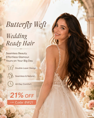 Fullshine Hair bridal summer hair extensions, double-layer butterfly weft with glossy natural long hair, elegant hairstyle for weddings.