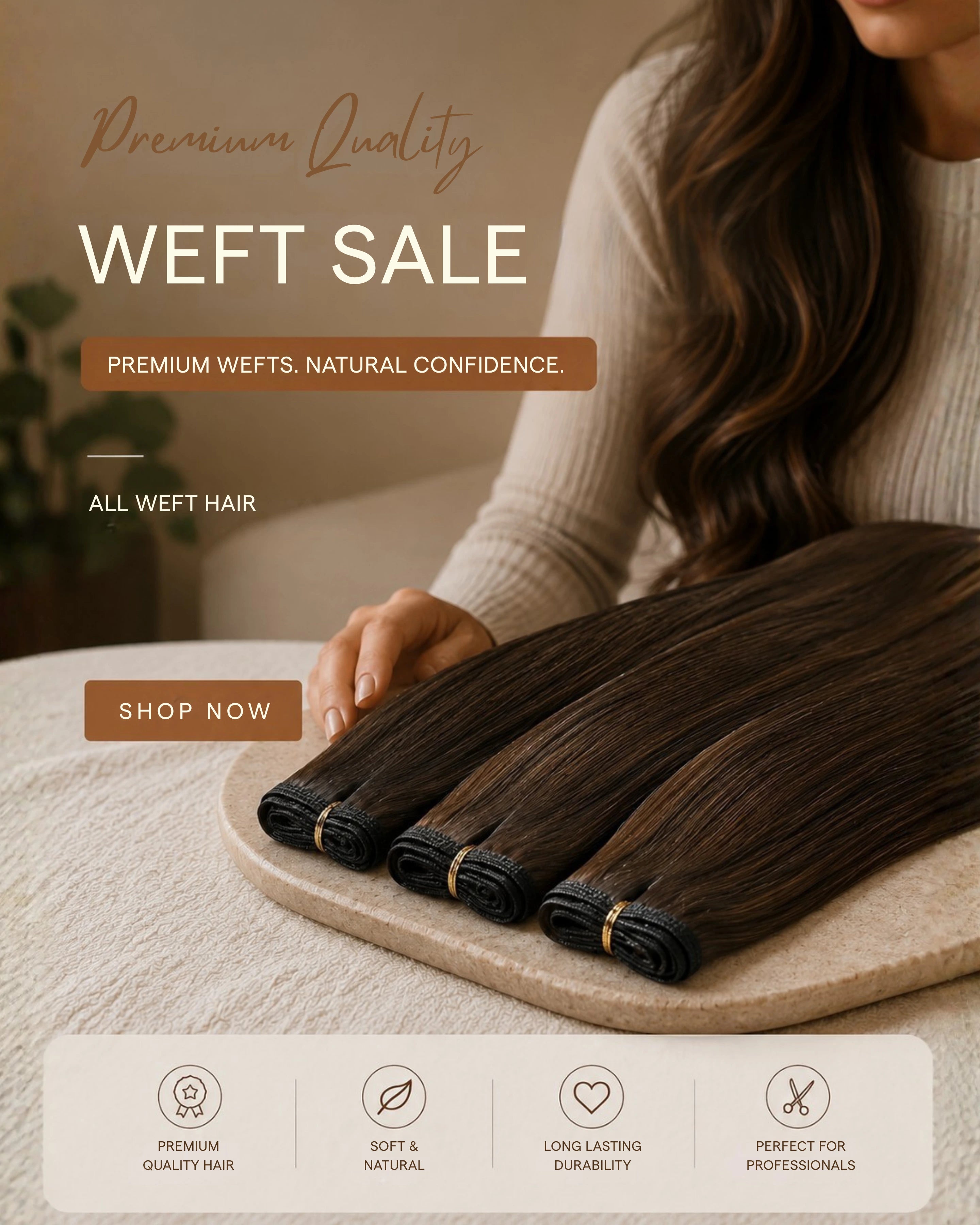 Premium virgin hair weft extensions in dark brown, balayage, and blonde shades are displayed in a flat fan arrangement, showcasing natural shine, seamless construction, and salon-quality volume.