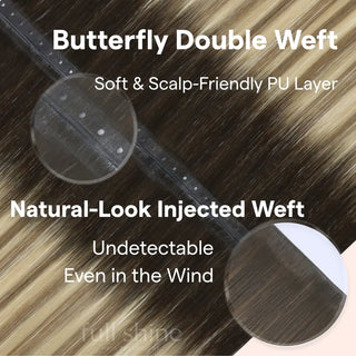 Fullshine Hair warm dark brown to blonde balayage virgin hair XO invisible weft smooth and seamless