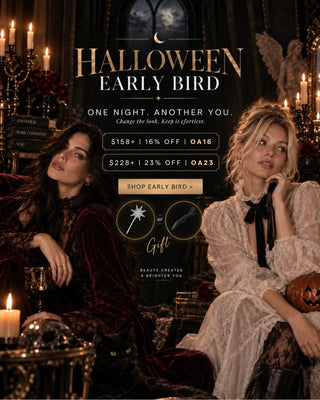 Full Shine Halloween hair promotion featuring a special holiday gift with a qualifying purchase of human hair extensions or hair toppers.