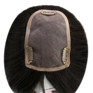Full Shine human hair topper in black adding natural volume, fullness, and a thicker-looking hairstyle.