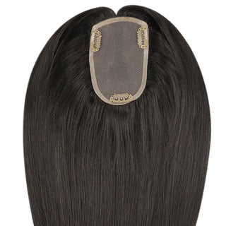 Full Shine human hair topper in dark brown adding natural volume, fullness, and a thicker-looking hairstyle.