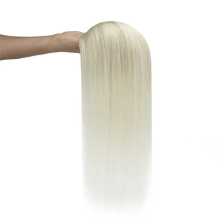 Full Shine human hair topper in blonde adding natural volume, thickness, and a fuller-looking hairstyle.