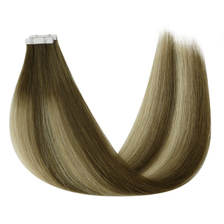 Full Shine injection tape cool brown balayage hair extensions from virgin hair collection, offering soft texture and natural movement.