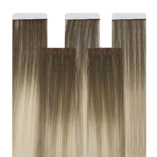Full Shine injection tape cool brown to blonde hair extensions from virgin hair collection, offering soft texture and natural movement.