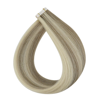 Full Shine injection tape in ash brown lowlights blonde highlights hair extensions designed for seamless blending and professional styling.