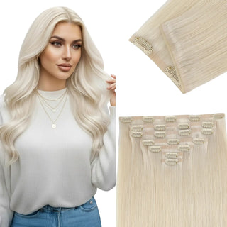 Full Shine platinum blonde genius PU clip in hair extensions with invisible PU edge.