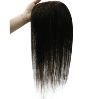 Full Shine large base dark brown hair topper provides enhanced coverage and natural fullness for women.