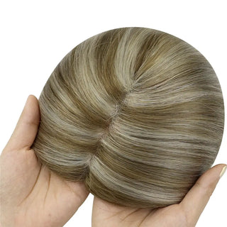 Full Shine large base hair topper in chunky highlights providing natural coverage and added volume for women.