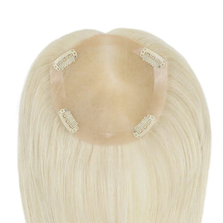 Full Shine large base platinum blonde hair topper provides extended coverage and added fullness for women.