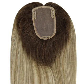 Full Shine mono base hair topper with blonde balayage virgin hair for a realistic scalp appearance and natural look.