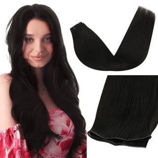 Full Shine natural black genius weft virgin hair extensions, premium Brazilian virgin hair for smooth salon-quality finish.