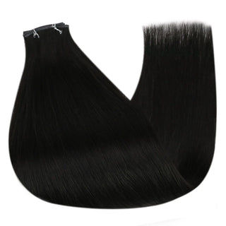 Full Shine natural black virgin hair extensions in genius weft structure, luxury Brazilian virgin hair bundles for salon styling.
