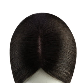 Full Shine black virgin hair topper with medium base design featuring soft human hair texture and a natural scalp appearance.