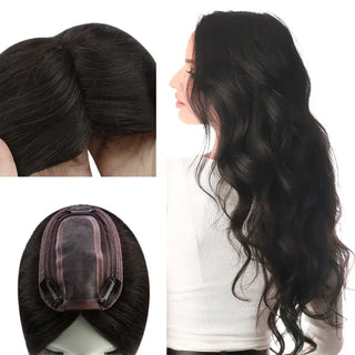 Full Shine virgin hair medium base topper in black with natural texture, realistic appearance, and seamless blending.