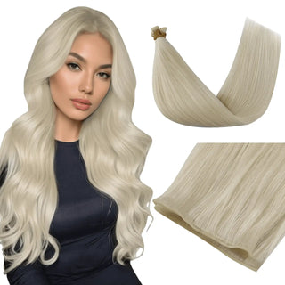 Full Shine platinum blonde genius weft virgin hair extensions, premium Brazilian virgin hair for smooth salon-quality results.