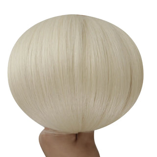 Full Shine platinum blonde genius weft virgin hair extensions designed for seamless installation and natural salon blending.