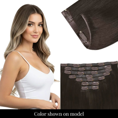 Balayage blonde thin PU clip ins offering seamless blending by Full Shine.