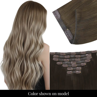 Full Shine seamless injection PU clip ins in multi-tone balayage brown.