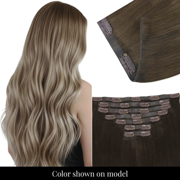 Full Shine seamless injection PU clip ins in multi-tone balayage brown.