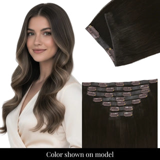 Full Shine balayage brown genius PU clip in hair extensions with ultra-thin invisible PU weft.