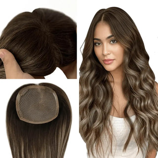 Full Shine Remy human hair topper in balayage brown with a mono base for natural coverage.