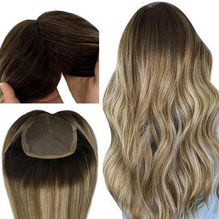Full Shine Remy human hair topper in balayage blonde with a mono base for natural blending and fuller hair.