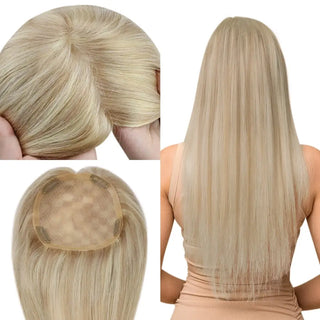 Full Shine Remy human hair topper in blonde highlights color with a mono base for natural hair integration.