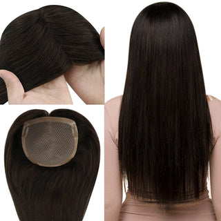 Full Shine Remy human hair topper in dark brown with a mono base for natural blending and realistic coverage.