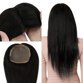 Full Shine Remy human hair topper in off black color with a mono base for natural blending and coverage.