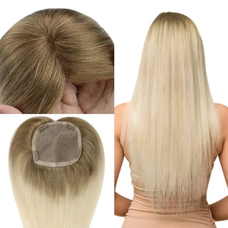 Full Shine Remy human hair topper in ombre blonde color with a mono base for natural blending and coverage.