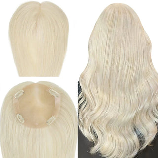 Full Shine Remy human hair topper in platinum blonde with a mono base for natural blending and realistic coverage.