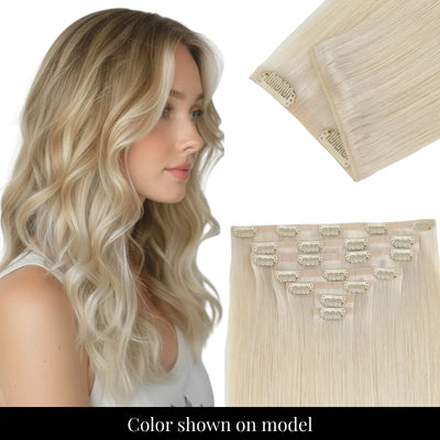 Full Shine near-undetectable PU clip in hair extensions in balayage brown.