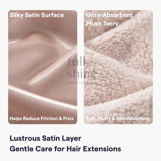 Full Shine dual-layer hair towel features a silky smooth surface and ultra-absorbent fabric for gentle hair care.