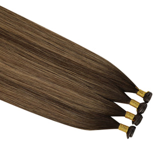 Full Shine Virgin Human Hair Genius Weft Extensions, Balayage Brown Base Blonde Highlights, Hybrid Weft Hair Extensions, Sew-In Weft Bundles, Thick Volume Hair Weft, Professional Salon Hair Extensions,