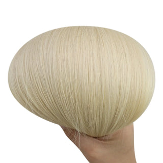 Full Shine genius weft virgin hair extensions featuring a soft lightened salon blend for natural dimensional hair results.